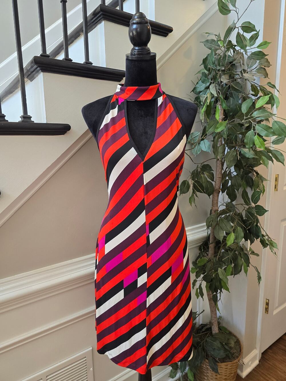 Boston Proper Sheath Dress Women's SZ 12 Multicolor Striped Keyhole Halter Neck